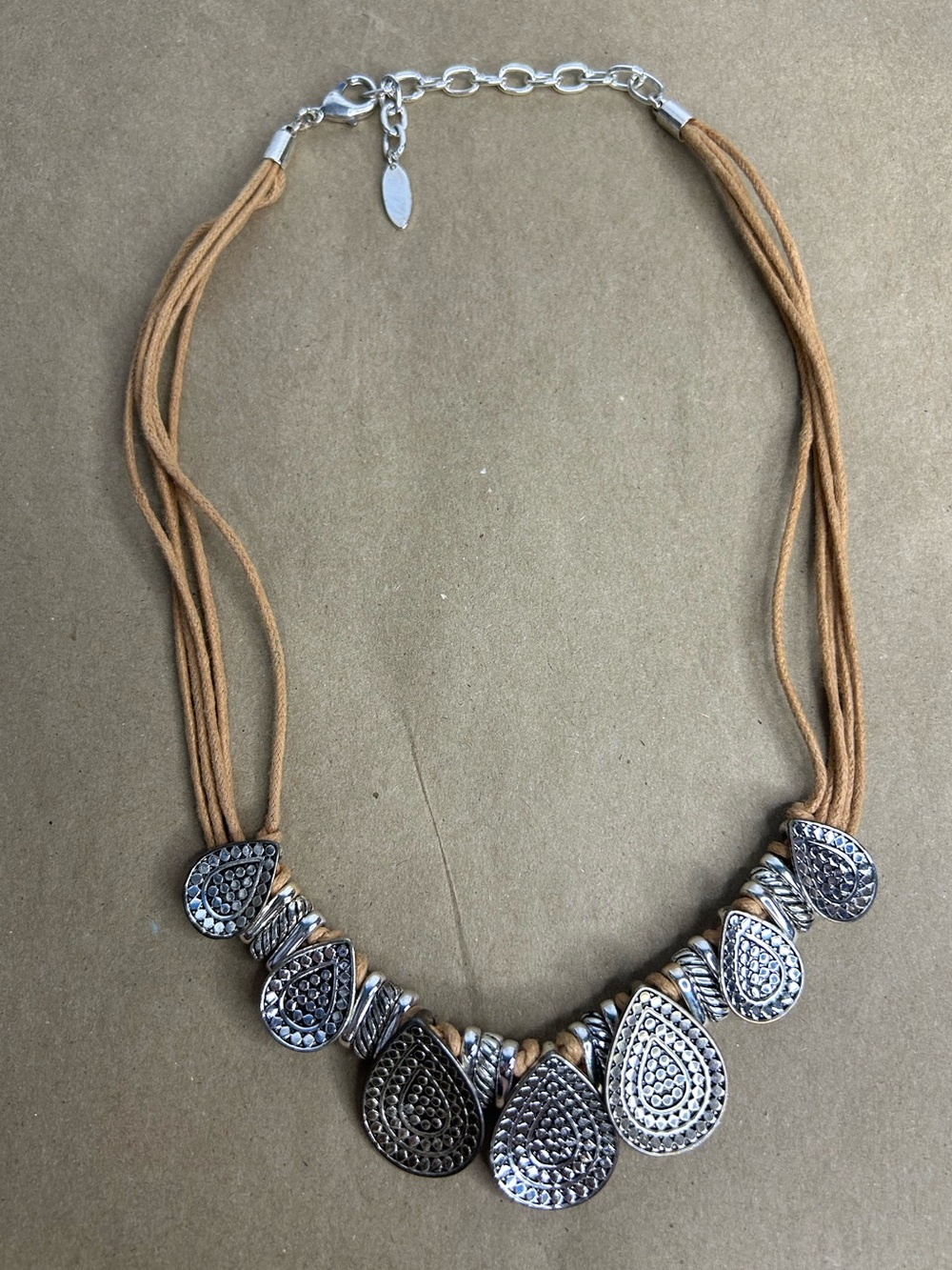 5 for $25🔥Silver Tone Teardrop Bib Pendants‎ on Brown Leather Cord Necklace